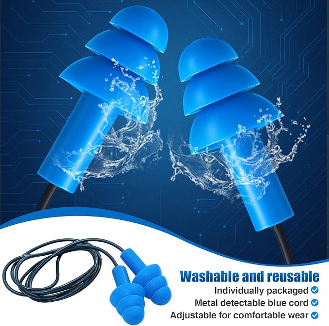 Blulu 100 Pair Metal Detectable TPR Corded Ear Plugs Bulk Blue Disposable Earplugs with Detectable String Noise Cancelling Sound Blocking for Food Services Industry Pharmaceutical Pulp and Paper