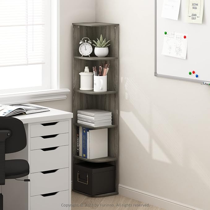 Furinno PASIR Book Shelf, 5-Tier Corner Bookshelf with Open Shelf, Standing Bookcase, 9.3 x 12 x 51.7, for Organization and Storage, for Living Room, Bedroom, Home Office, French Oak