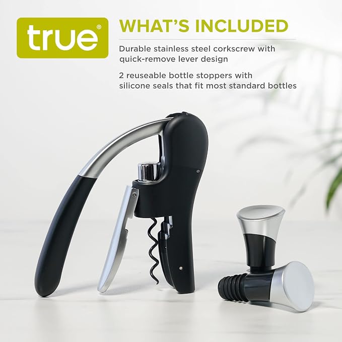 True Lever Corkscrew Manual Stoppers Top-Notch Cork Bottle Opener with Ergonomic Handle and Wine Preserver, Set of 3, Black