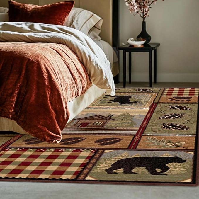 Rustic Cabin Deer Rugs 6ftx9ft Western Wildlife Bear Indoor Decorative Carpet for Bedroom Living Room Non-Slip Lodge Elk Bear Entryway Mat