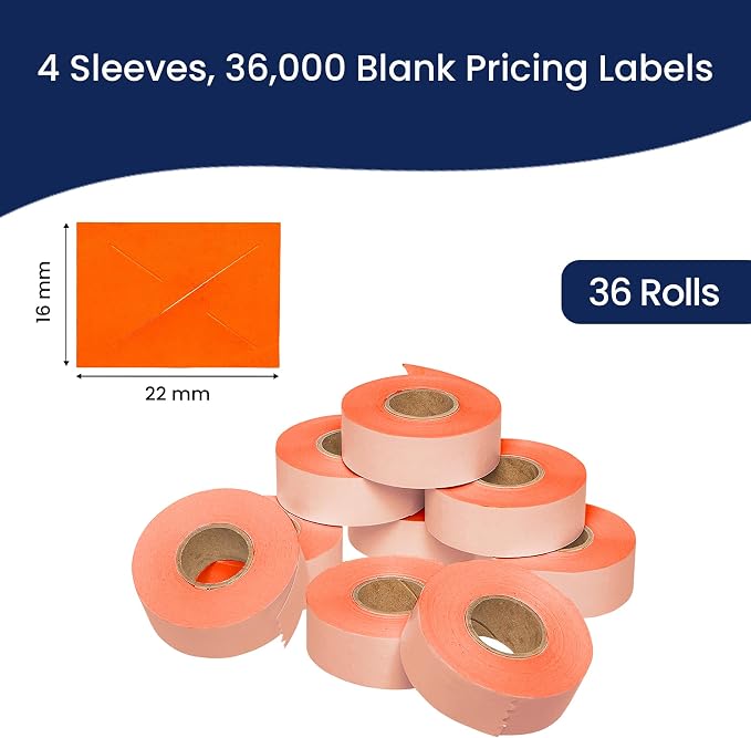 Perco Fluorescent Red Price Marking Labels - 36,000 Blank Labels for Garvey 22-66/22-77/22-88 Two Line Pricing Gun with Ink Rolls Included - 36 Rolls, 4 Sleeves - Made in USA