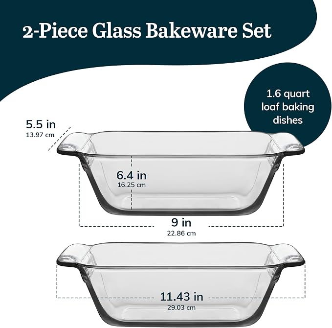 Libbey Baker’s Premium 2-Piece Glass Bread Loaf Pan Baking Dish Set, Space-Saving Glass Bakeware set for Bread, Loaf, and Pound Cakes