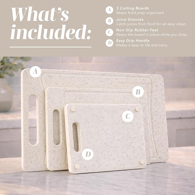 COOK WITH COLOR Non-Slip Cutting Board Set – Kitchen Essentials with Easy Grip Handle for Meat, Veggies, and Fruits, 3 Cutting Boards, Speckled White