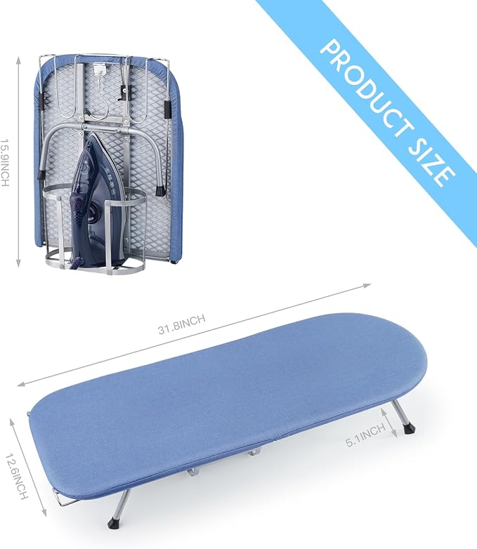 BiJun Small Ironing Board, Blue Save Space 31.5x11.8 | Foldable, Table Top Compact Portable Mini, Iron Rest, For Dorm Rooms, RVs, Travel Apartments