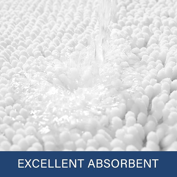 LOCHAS Luxury Bathroom Rug Shaggy Bath Mat 24 x 54 Inch, White | Washable Non Slip Bath Rugs for Bathroom Shower, Soft Plush Chenille Absorbent Carpets
