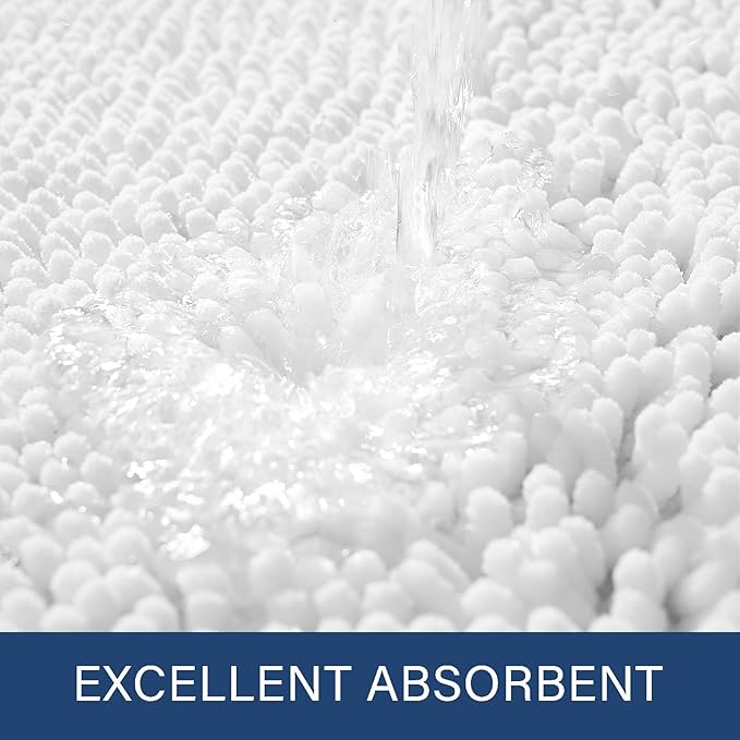 LOCHAS Luxury Bathroom Rug Shaggy Bath Mat 24 x 36 Inch, White | Washable Non Slip Bath Rugs for Bathroom Shower, Soft Plush Chenille Absorbent Carpets