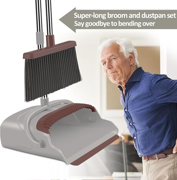 Upgrade Broom and Dustpan Set, Self-Cleaning with Dustpan Teeth, Ideal for Dog Cat Pets Home Use, Super Long Handle Upright Stand Up Broom and Dustpan Set (Brown)