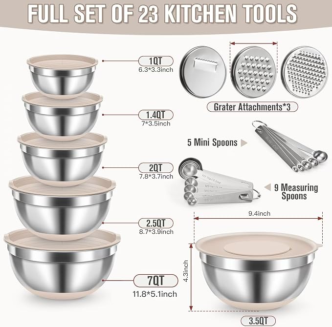 7QT 23PCS Mixing Bowls with Airtight Lid Set, Stainless Steel Nesting Bowls with 3 Graters, Non-Slip Base, Large Prep Bowls 7, 3.5, 2.5, 2, 1.4, 1QT & 14 Measuring Spoons Great for Baking, Serving