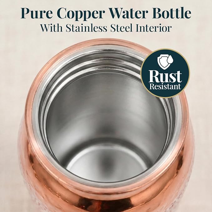 Four Flowers Copper Water Bottle 650ml with Cleaning Brush – Copper Coated Exterior & Stainless Steel Interior – Leak Proof Wide Mouth Metal Bottle for Travel, Gym, Office & Daily Hydration