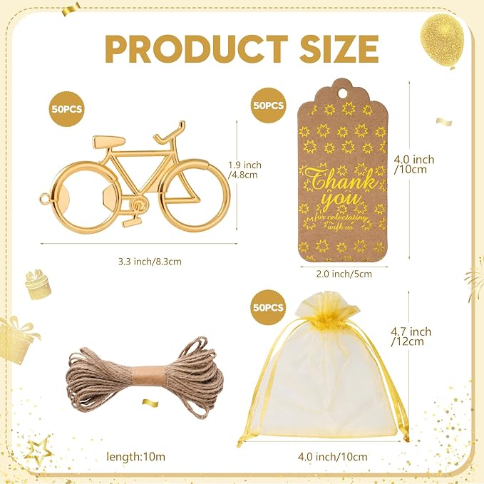 50 Pack Bicycle Bottle Openers Bike Party Favors Beer Opener Bulk Gifts | Gift Ready Set, Durable Zinc Alloy, Gold Finish,Organza Bags, Writable Gift Tags, Cycling Theme, Guest Keepsake