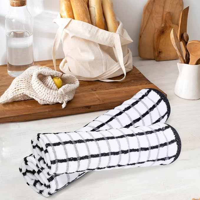 Urban Villa Kitchen Towels Black/White Set of 3 Terry Kitchen Towels 100% Cotton Ultra Soft Size 20X30 Inches Highly Absorbent Over Sized KitchenTowels with Hanging Loop KitchenTowels