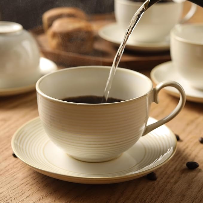 12Oz Coffee Cups with Saucers, Ceramic Espresso Cup Set of 4, Cappuccino Cups Set, Tea Mugs and Saucer, Microwave Dishwasher Safe Drinkware for Home, Cafe, Housewarming Gifts