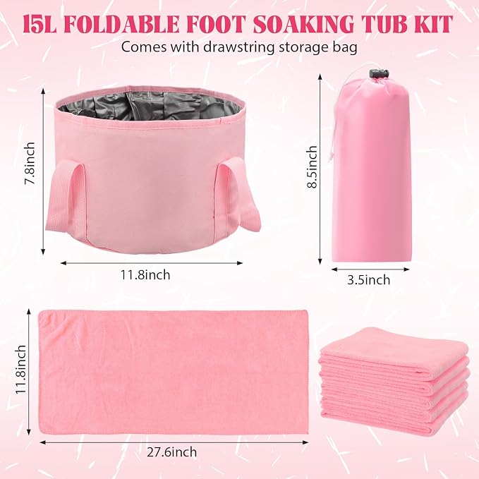 FillTouch 12 Set/ 24 Pcs 15L Foldable Foot Soaking Tub Kit Portable Foot Bath Tub for Soaking Feet with Towel and Storage Bag Soak Spa Bucket for Travel Camping (Pink)