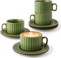 DOWAN Cappuccino Cup Set of 4, 8 OZ Ceramic Coffee Cups with Saucers, Coffee Mugs, Ribbed Espresso & Latte Cups Set, Elegant Stoneware for Home & Café Use