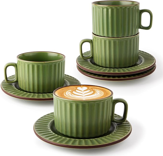 DOWAN Cappuccino Cup Set of 4, 8 OZ Ceramic Coffee Cups with Saucers, Coffee Mugs, Ribbed Espresso & Latte Cups Set, Elegant Stoneware for Home & Café Use