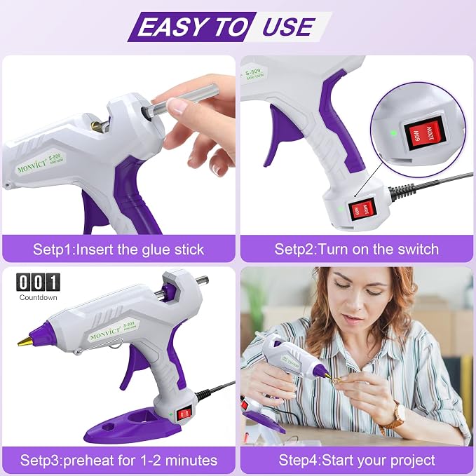 MONVICT Full Size Hot Glue Gun, Dual Temp 60/100W Base Stand | Heavy Duty Kit with 15 Pcs Glue Sticks & 3 Finger Protectors for Sealing Wax, Quick Repairs, DIY, Art & Crafts
