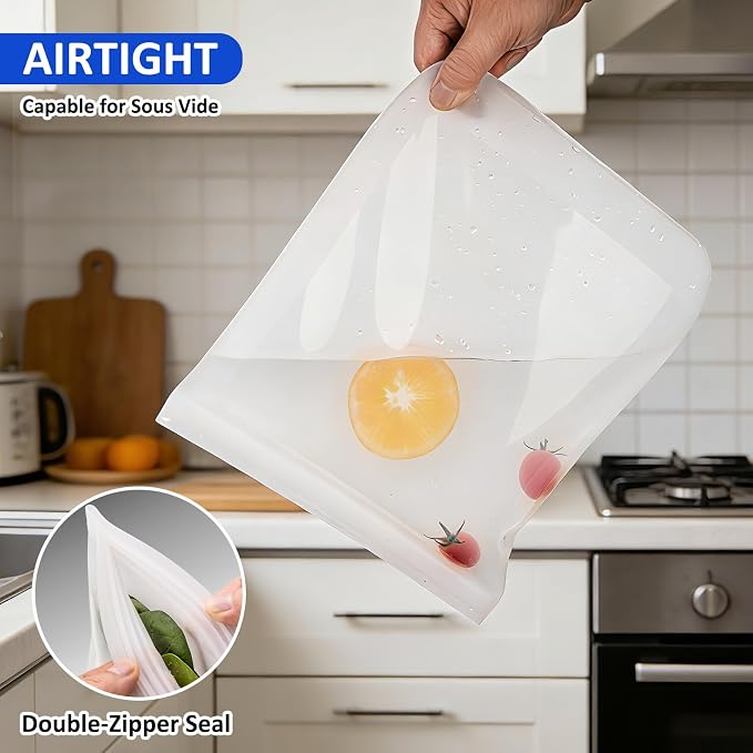 100% Silicone Flat Gallon Freezer Bags, 4 Pack Extra Large Reusable Silicone Ziplock Bags Gallon Size for Freezer, Double Zipper Seal, BPA & Microplastic Free, Freezer Microwave Sous Vide Safe, Clear