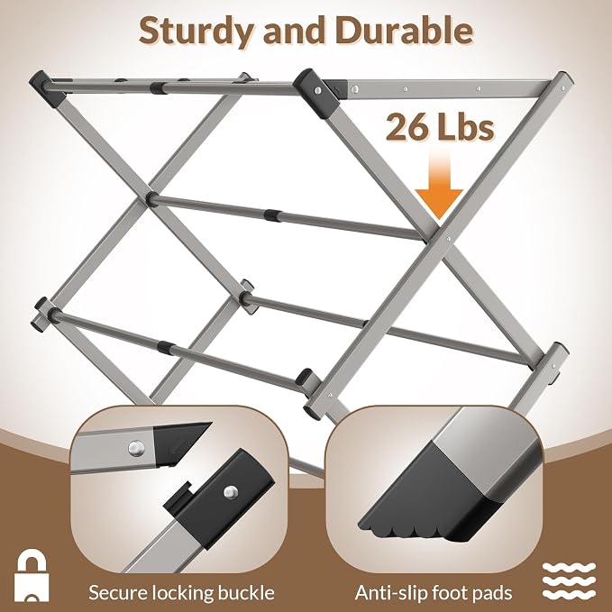 Collapsible Floor Drying Rack - Free Standing Accordion Laundry Dryer, Retractable Metal Clothes Hanger with Shoe Storage, Heavy Duty Rustproof Airer for Bathroom, Balcony & Delicates