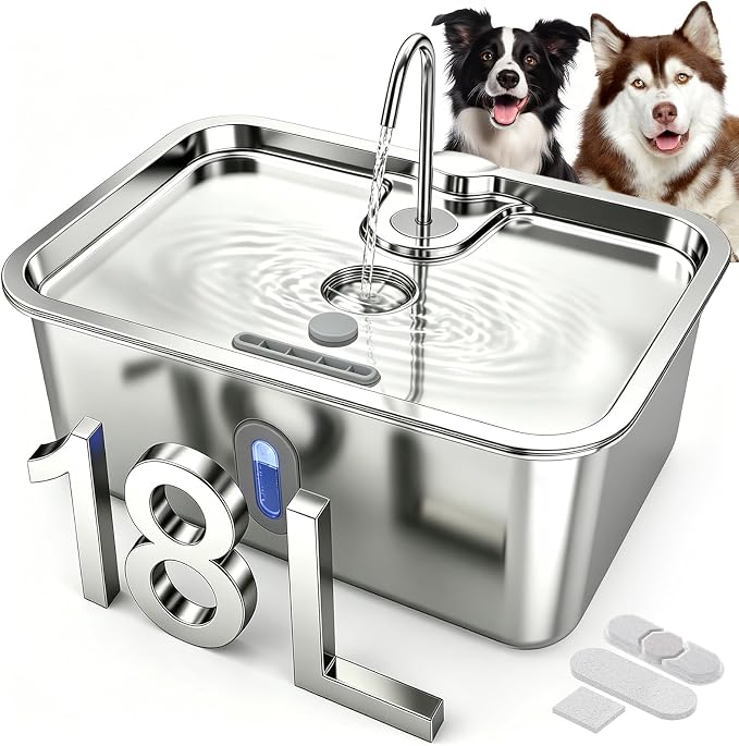 Dog Water Fountion for Large Dogs,18L/4.76 Gal Stainless Steel Automatic Pet Water Dispenser,Ultra Quiet Dog Fountain Water Bowl with Water Level Window & LED Light, Include 1Set Filter