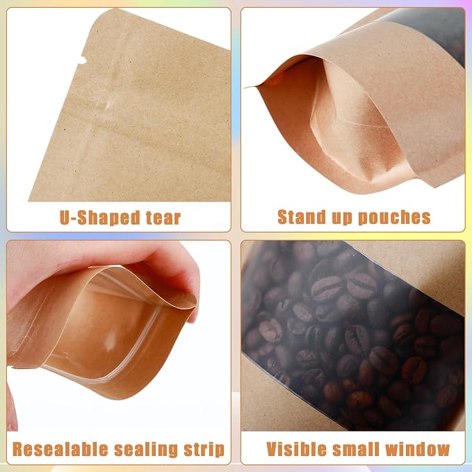 300 Kraft Mylar Bags for Food Storage 5X8 Mylar Bags with Window Candy Packaging Resealable Bags Reclosable Small Stand Up Pouches Edible Packaging, Kraft Paper Bags for Small Business