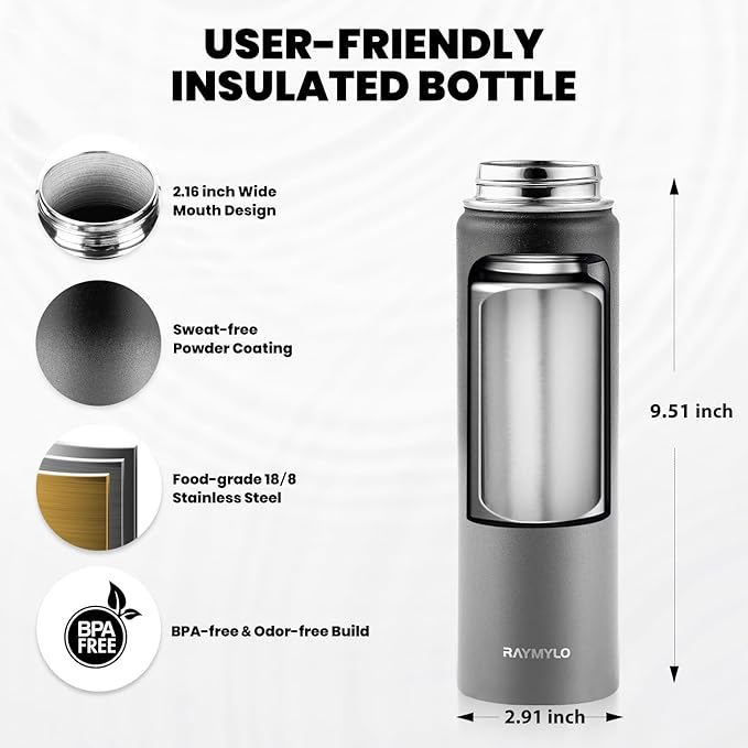 RAYMYLO Insulated Water Bottle 20 oz, Triple Wall Vacuum Stainless Steel (Cold for 24Hrs, Hot for 12Hrs), Leak Proof & Non-BPA, Modern Water Bottle Jug for School with Straw Spout Lids