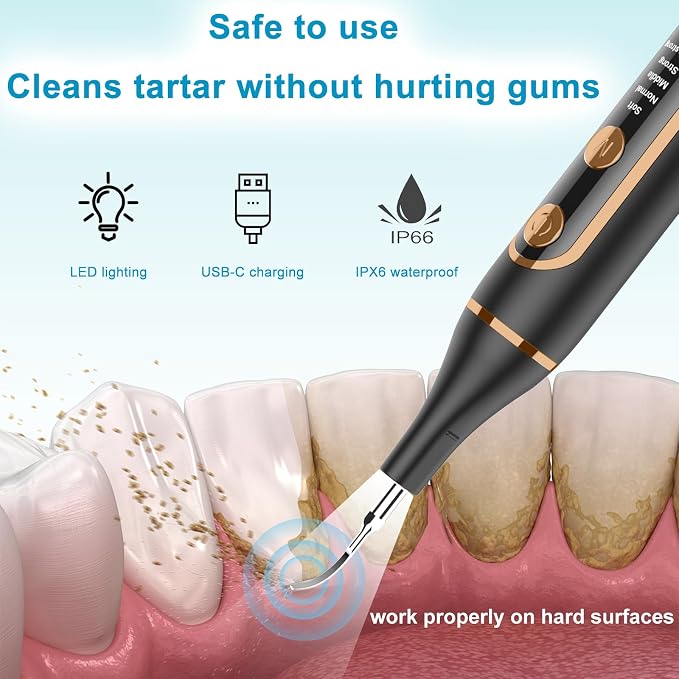 Plaque Remover for Teeth - SIQUER Teeth Cleaning Kit Dental Tools | LED Light 5 Speed Modes 4 Replaceable Heads USB Rechargeable for Home Travel Use, Black