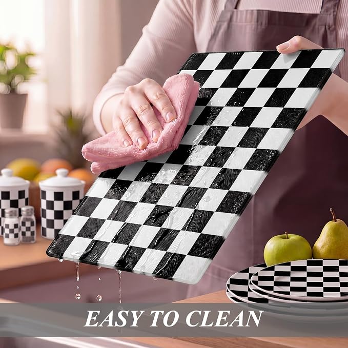 Thenshop Set of 2 Tempered Glass Cutting Boards Black Check Countertop Cutting Boards Heat Resistant with Non-slip Feet for Kitchen Counter Housewarming Wedding Gift 7.9x11inch+11x15 Inch