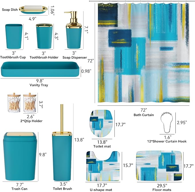 XLHOMO Bathroom Accessories Set - 25PC Bathroom Set with Shower Curtain and Rugs, Teal Blue Bathroom Set, Bathroom Accessory Set with Press-on Lid Trash Can, Soap Dispenser and Qtip Holders