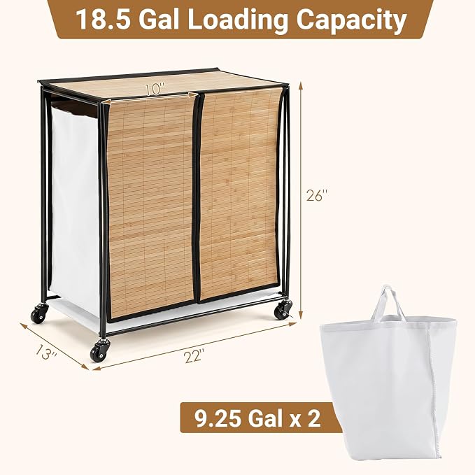 GOFLAME Bamboo Laundry hamper with Lid, 2-Section Rolling Laundry Basket with Removable Liners and Wheels, 70L Large Clothes Laundry Hamper for Bedroom, Bathroom, Laundry Room