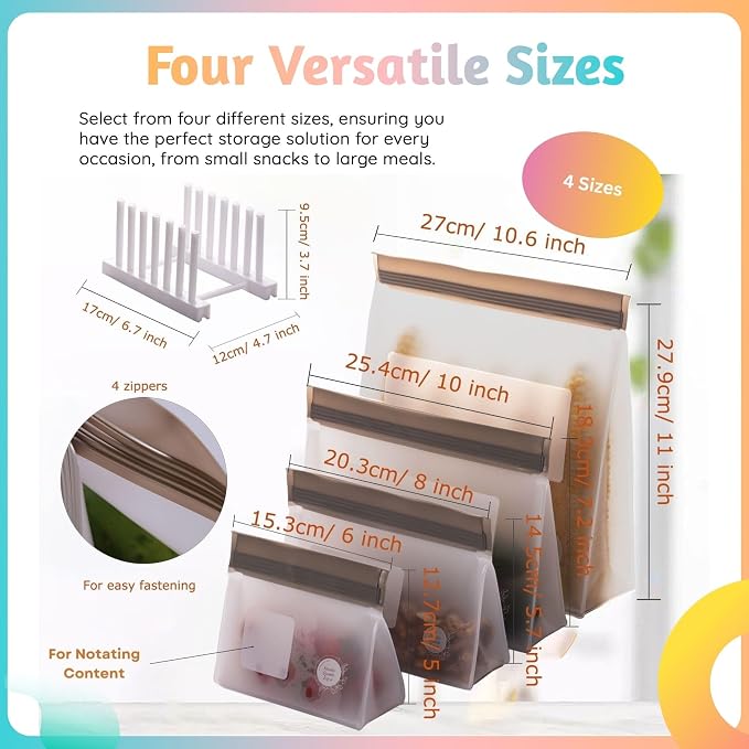 Reusable Food Storage Bags 8-Pack – BPA-Free Freezer & Dishwasher Safe, Leakproof Stand-Up Snack Bags 2 Gl + 2 L, 4 M– Eco-Friendly Airtight Ziplock Bags for Kitchen & Travel(Grey)