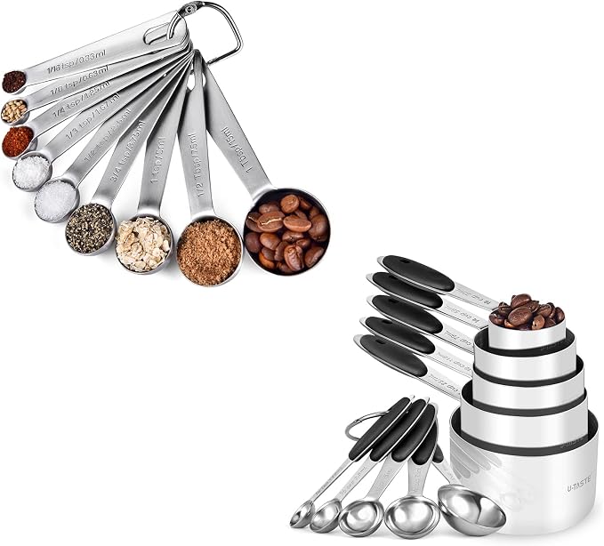 U-Taste 18/8 Stainless Steel Measuring Spoons Set for Dry and Liquid Ingredients(Set of 9), and Upgraded Measuring Cups and Spoons Set of 10 with Reinforced Welded Handle (Black)