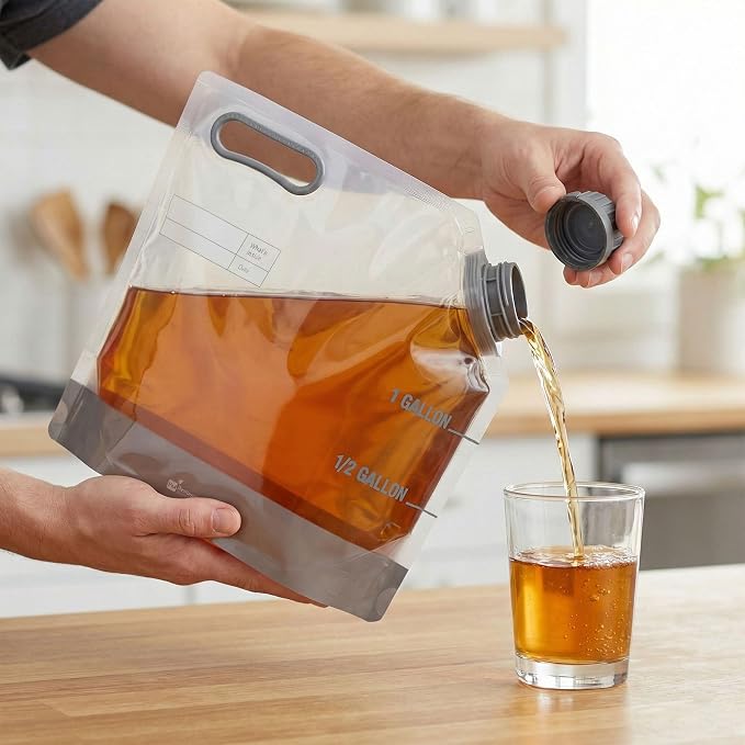 Restaurantware Cater Tek 1 Gallon Water Containers 2 Drink Bags - Collapsible Includes Tamper-Evident Caps Clear Plastic Beverage Bags For Catered Events Camping or Hiking Durable Handle