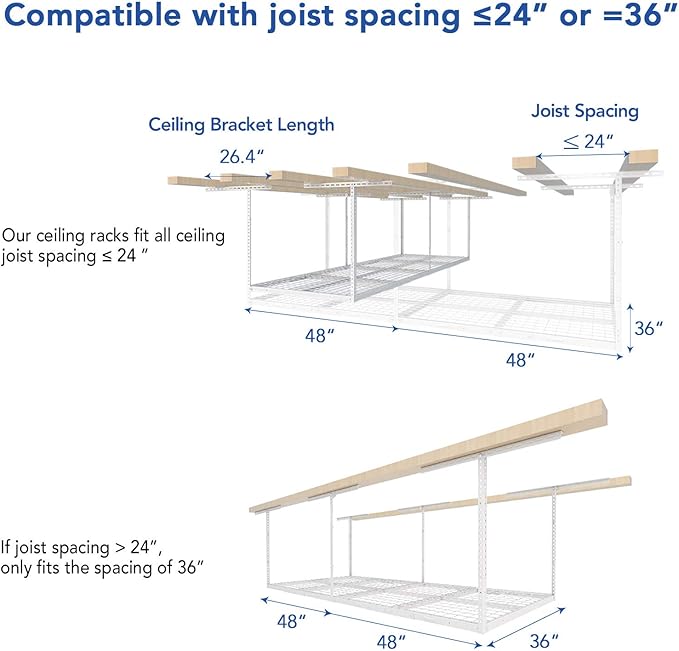 FLEXIMOUNTS 3x8 Overhead Garage Ceiling Storage Rack, 2 Pack, White | 750lbs Weight Capacity, 22"-40" Adjustable Organization System, Heavy-Duty Metal Ceiling Racks, Classic Series