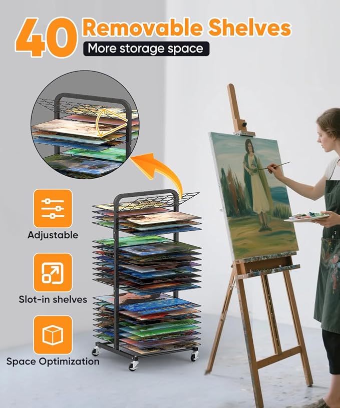 Art Drying Rack with 40 Removable Shelves, Mobile Metal Paint Drying Stand with Lockable Wheels, Functional Canvas Rack Art Storage for Artwork in Classrooms, Art Studios and Schools, Black