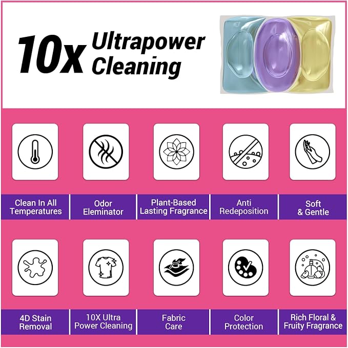 WBM 10-in-1 Laundry Detergent Pods, Fabric Softener with Lavender Extracts, High-Efficiency Laundry Pods with Powerful Stain Lifter Technology - 128 Count Bag