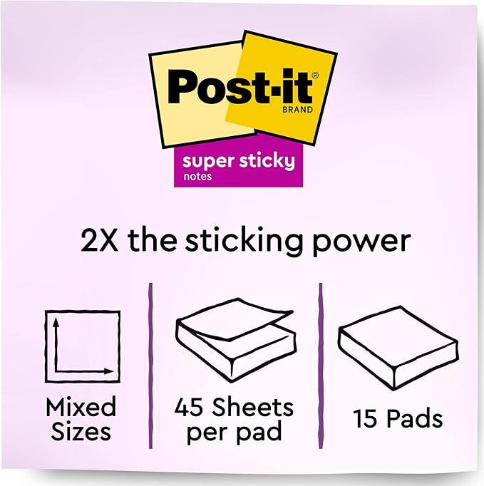 Post-it Super Sticky Notes, Assorted Sizes, 15 Pads, 2X The Sticking Power, Supernova Neons Collection, Neon Colors (Orange, Pink, Blue, Green), Recyclable (4423-15SSMIA), (Pack of 12)