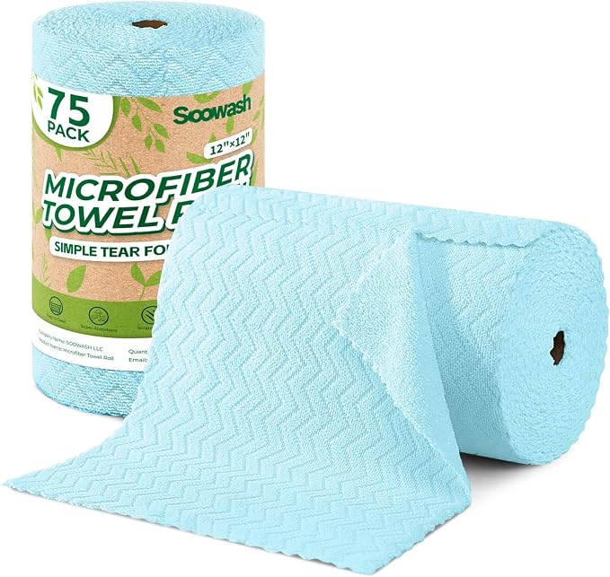 Microfiber Cleaning Cloths Roll, 75 Pack Tear Away Microfiber Towels Roll, 12" x 12" Lint Free Rags, Reusable Cleaning Cloths, Washable, Scratch Free,Ultra Absorbent Dish Rags(Blue Ripple)