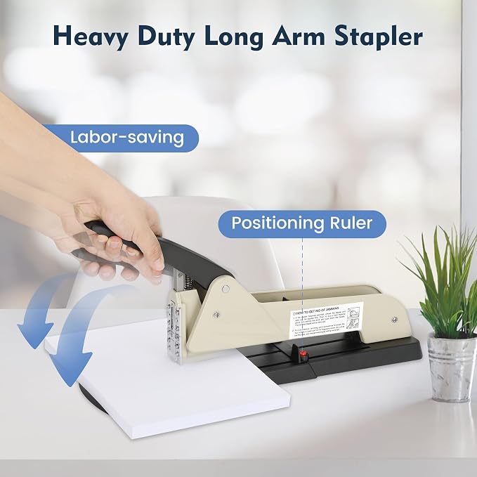 Heavy Duty Long Reach Stapler, 7000 Staples in Various Sizes with 30-200 Sheet Capacity,Long Arm Stapler,9.84”Adjustable Stapling Depth for Booklets & Office Document, Fixable Paper Guide