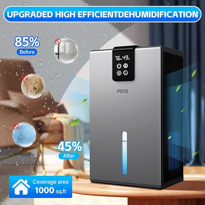 PSOS Dehumidifier, Dehumidifiers for Home, 98 OZ Water Tank, (1000 sq.ft) Quiet Dehumidifier for Basement Bathroom Bedroom with Humidity Display, Auto Shut Off, Relaxing 7 Color Ambient Light(Gray)