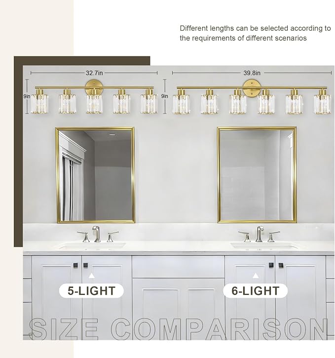 Crystal Bathroom Light Fixtures,Bathroom Lighting Fixtures Over Mirror, Modern 5-Light Gold Vanity Lights for Mirror, Restroom,Kitchen(Ceramic E26 Socket,Bulbs Not Include)