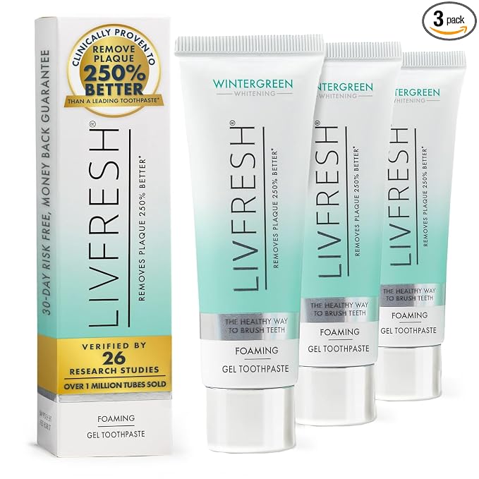 LIVFRESH Toothpaste Gel, Clinically Proven to Remove Plaque 250% Better, Improves Gum Health 190% Better, Prevents & Reduces Tartar, Freshens Breath, SLS Free Dental Gel, Wintergreen, 3 Pack