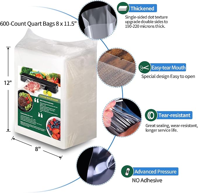 Vacuum Storage Bags, Vacuum Seal Bags for Food, 8x11 Inch Quart Bags 600pcs | Strong Vacuum Seal, BPA Free Quart Bag, Space Saving,Keep Food Fresh Longer,Meal Prep Bags Compatible with All Vacuum Sealers