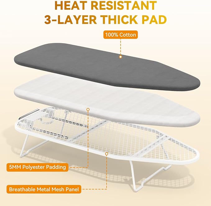 Small Ironing Board Tabletop with Heat Resistant Cover, Compact Mini Ironing Board (with Iron Rest) & Metal Frame, for Dorm, Apartment, Hook for Hanging, Iron Board 12x30, Iron Table Stand Pure Gray
