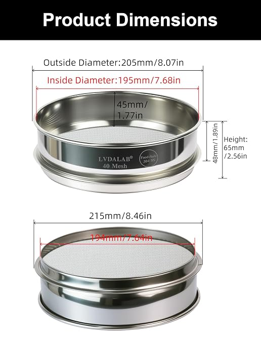 All 304 Stainless Steel 40 Mesh Test Sieve (0.45mm Aperture), 8 Inch/20cm Diameter, Lab Sifter & Soil Strainer, Standard Analysis Screen for Medium Powder, Ceramics & Geology