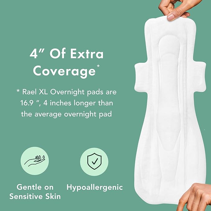Rael Pads for Women, Organic Cotton Cover - Period Pads with Wings, Feminine Care, Sanitary Napkins, Ultimate Absorbency, Postpartum, Unscented, Ultra Thin (Extra Long Overnight, 24 Count)