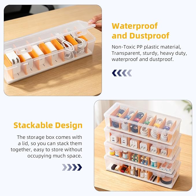 VZZNN 5 Pack Clear Cable Organizer Box with Lid, Plastic Cord Storage Case for Chargers, Power Cords, Electronics Accessories – Transparent Desk Organizer, Stackable, Adjustable Dividers