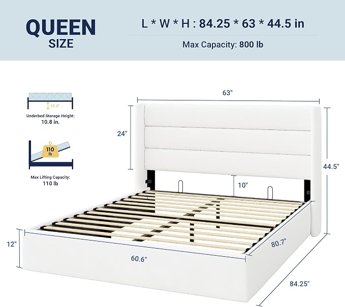 Allewie Queen Size Lift Up Hydraulic Storage Bed Frame White | Modern Wingback Headboard, Hydraulic Support Storage, No Box Spring Needed