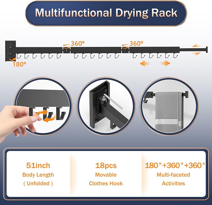 ZdwCyl Clothes Drying Rack Wall Mounted,Laundry Rack Wall Wount,Drying Rack Clothing for Laundry,Retractable Dryer Racks,Wall Mounted Drying Rack Collapsible, Black, Sandy Coating,3z-b01