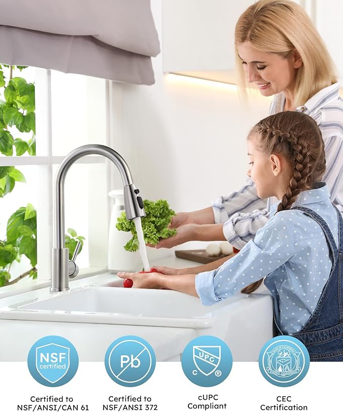 WOWOW Kitchen Faucet with Sprayer, Kitchen Sink Faucet, SUS 304 Stainless Steel, High Arc Single Handle Brushed Nickel Kitchen Faucets with Pull Down Sprayer, Pull Out Kitchen Faucet with Deck Plate