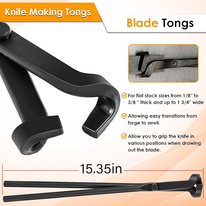 Blacksmith Forging Tongs Knife Making Tongs Set Fire Tongs Anvil Blacksmithing Tongs Forge Tools Includes Flat Tongs, Wolf Jaw Tongs, Blade Tongs & V-Bit Tongs(4 Tongs)